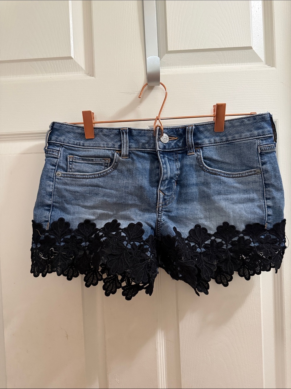 Express Blue Denim Shorts with Black Lace Trim